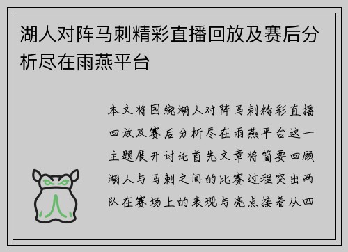 湖人对阵马刺精彩直播回放及赛后分析尽在雨燕平台